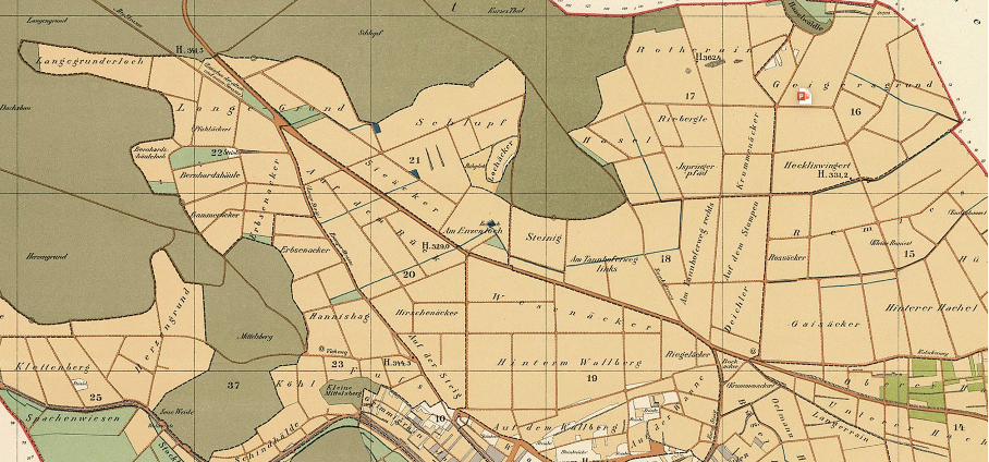 Wilferdinger Höhe in Pforzheim 1898 - historische Gemarkungskarte mit landwirtschaftlichen Flächen